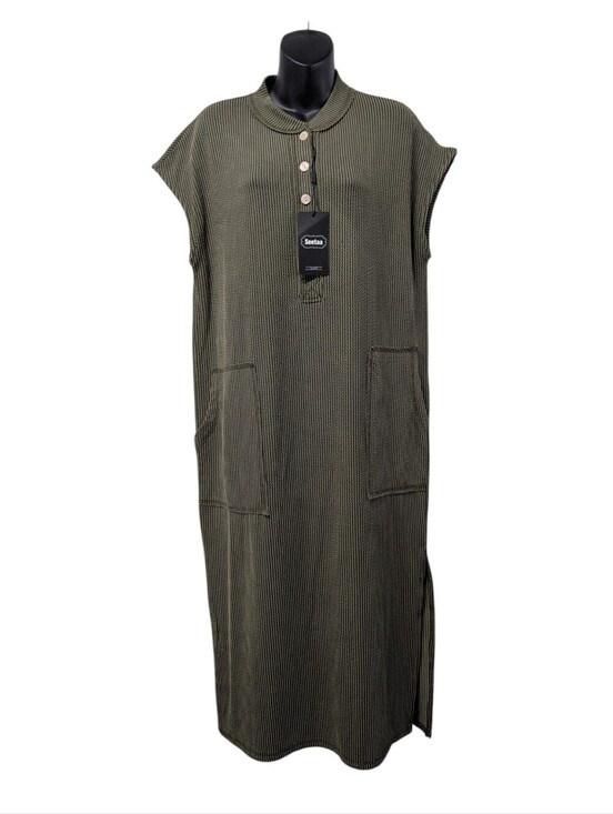 Seetaa Dresses & Skirts - Seetaa Olive Green Ribbed Knit Midi Dress Large Pockets Side Slits Collared NWT